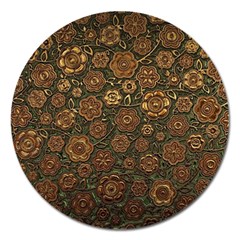 Brown And Green Floral Print Textile Ornament Pattern Texture Magnet 5  (Round)