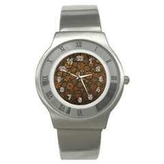 Brown And Green Floral Print Textile Ornament Pattern Texture Stainless Steel Watch