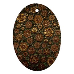 Brown And Green Floral Print Textile Ornament Pattern Texture Oval Ornament (Two Sides)