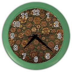 Brown And Green Floral Print Textile Ornament Pattern Texture Color Wall Clock