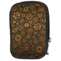 Brown And Green Floral Print Textile Ornament Pattern Texture Compact Camera Leather Case