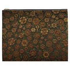 Brown And Green Floral Print Textile Ornament Pattern Texture Cosmetic Bag (XXXL)