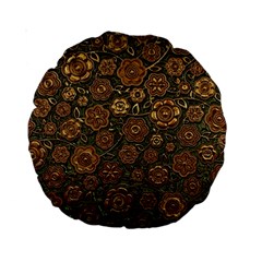 Brown And Green Floral Print Textile Ornament Pattern Texture Standard 15  Premium Round Cushions