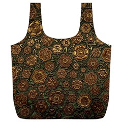 Brown And Green Floral Print Textile Ornament Pattern Texture Full Print Recycle Bag (XL)