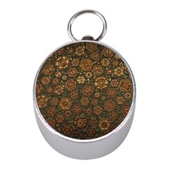 Brown And Green Floral Print Textile Ornament Pattern Texture Mini Silver Compasses