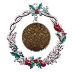 Brown And Green Floral Print Textile Ornament Pattern Texture Metal X mas Wreath Holly Leaf Ornament by danenraven