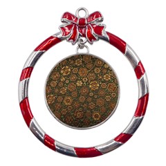 Brown And Green Floral Print Textile Ornament Pattern Texture Metal Red Ribbon Round Ornament