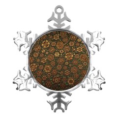 Brown And Green Floral Print Textile Ornament Pattern Texture Metal Small Snowflake Ornament