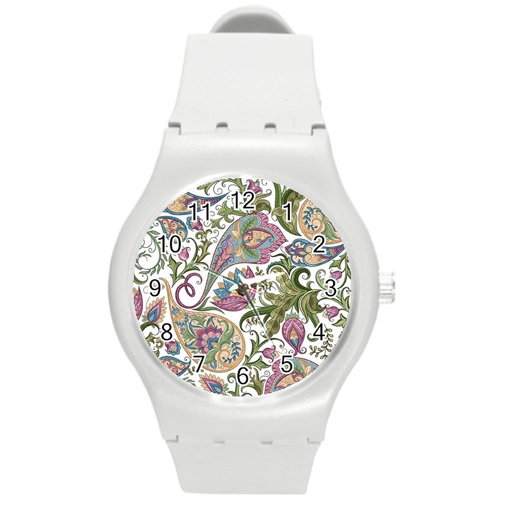 Flowers Pattern Texture White Background Design Floral Round Plastic Sport Watch (M)