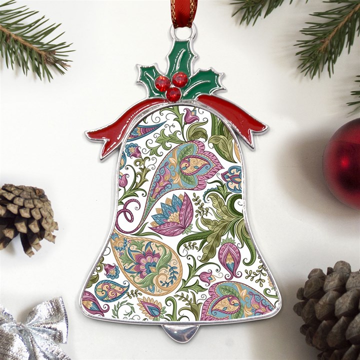 Flowers Pattern Texture White Background Design Floral Metal Holly Leaf Bell Ornament