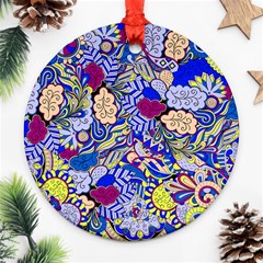 Blue Yellow Background Pattern Vector Texture Paisley Round Ornament (two Sides)