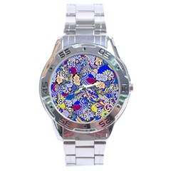 Blue Yellow Background Pattern Vector Texture Paisley Stainless Steel Analogue Watch by danenraven