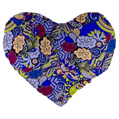 Blue Yellow Background Pattern Vector Texture Paisley Large 19  Premium Heart Shape Cushions by danenraven