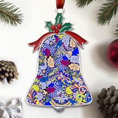 Blue Yellow Background Pattern Vector Texture Paisley Metal Holly Leaf Bell Ornament