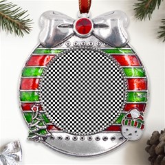 Black And White Checkerboard Background Board Checker Metal X mas Ribbon With Red Crystal Round Ornament by Cowasu