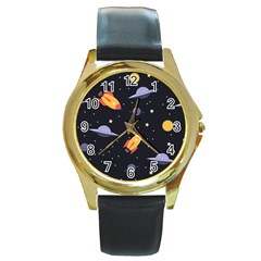 Cosmos Rockets Spaceships Ufos Round Gold Metal Watch by Cowasu