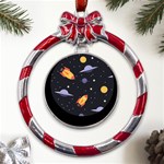 Cosmos Rockets Spaceships Ufos Metal Red Ribbon Round Ornament Front