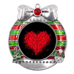 Heart Brain Mind Psychology Doubt Metal X mas Ribbon With Red Crystal Round Ornament by Cowasu