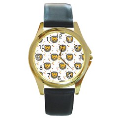 Lion Heads Pattern Design Doodle Round Gold Metal Watch by Cowasu