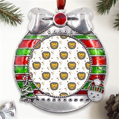 Lion Heads Pattern Design Doodle Metal X mas Ribbon With Red Crystal Round Ornament by Cowasu