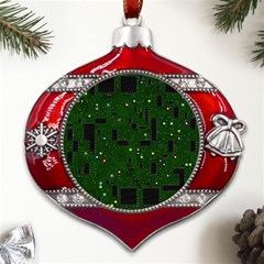 Circuit Board Conductor Tracks Metal Snowflake And Bell Red Ornament by Cowasu