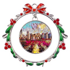 New York Skyline Manhattan City Metal X mas Wreath Ribbon Ornament by Cowasu