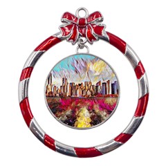 New York Skyline Manhattan City Metal Red Ribbon Round Ornament by Cowasu