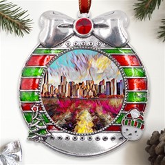 New York Skyline Manhattan City Metal X mas Ribbon With Red Crystal Round Ornament