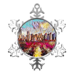 New York Skyline Manhattan City Metal Small Snowflake Ornament by Cowasu