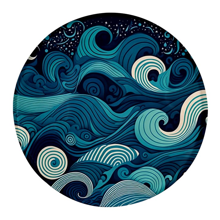 Waves Ocean Sea Abstract Whimsical Abstract Art Round Glass Fridge Magnet (4 pack)