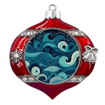 Waves Ocean Sea Abstract Whimsical Abstract Art Metal Snowflake And Bell Red Ornament Front