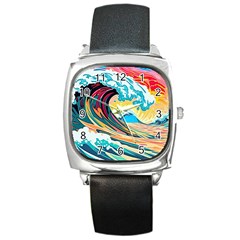 Ai Generated Waves Ocean Sea Tsunami Nautical Blue Sea (2) Square Metal Watch by Cowasu