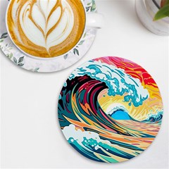 Ai Generated Waves Ocean Sea Tsunami Nautical Blue Sea (2) Uv Print Round Tile Coaster by Cowasu