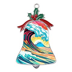 Ai Generated Waves Ocean Sea Tsunami Nautical Blue Sea (2) Metal Holly Leaf Bell Ornament by Cowasu