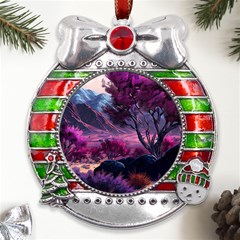 Landscape Landscape Painting Purple Purple Trees Metal X mas Ribbon With Red Crystal Round Ornament