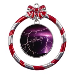 Storm Flashlight Space Nature Metal Red Ribbon Round Ornament by Cowasu