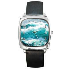 Ai Generated Waves Ocean Sea Tsunami Nautical Blue Sea Square Metal Watch by Cowasu