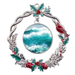 Ai Generated Waves Ocean Sea Tsunami Nautical Blue Sea Metal X mas Wreath Holly Leaf Ornament by Cowasu