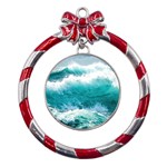 Ai Generated Waves Ocean Sea Tsunami Nautical Blue Sea Metal Red Ribbon Round Ornament Front