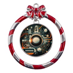 Illustrations Technology Robot Internet Processor Metal Red Ribbon Round Ornament by Cowasu