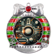 Illustrations Technology Robot Internet Processor Metal X mas Ribbon With Red Crystal Round Ornament by Cowasu