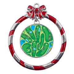 Golf Course Par Golf Course Green Metal Red Ribbon Round Ornament by Cowasu