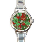 Leaves Leaf Nature Pattern Red Green Round Italian Charm Watch Front