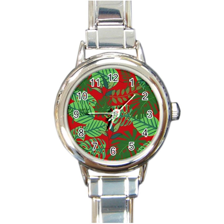 Leaves Leaf Nature Pattern Red Green Round Italian Charm Watch