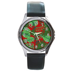 Leaves Leaf Nature Pattern Red Green Round Metal Watch by Cowasu