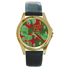 Leaves Leaf Nature Pattern Red Green Round Gold Metal Watch by Cowasu