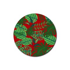 Leaves Leaf Nature Pattern Red Green Rubber Round Coaster (4 Pack) by Cowasu