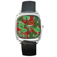 Leaves Leaf Nature Pattern Red Green Square Metal Watch by Cowasu