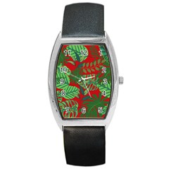 Leaves Leaf Nature Pattern Red Green Barrel Style Metal Watch by Cowasu