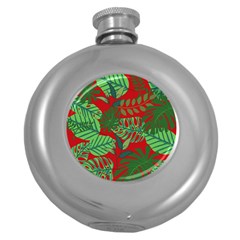 Leaves Leaf Nature Pattern Red Green Round Hip Flask (5 Oz)